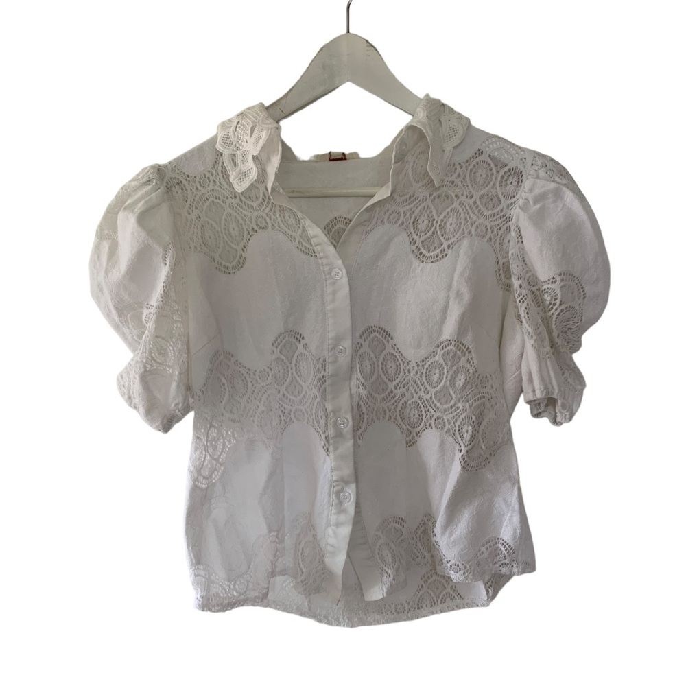 White Lace Puff-Sleeve Blouse - Women's